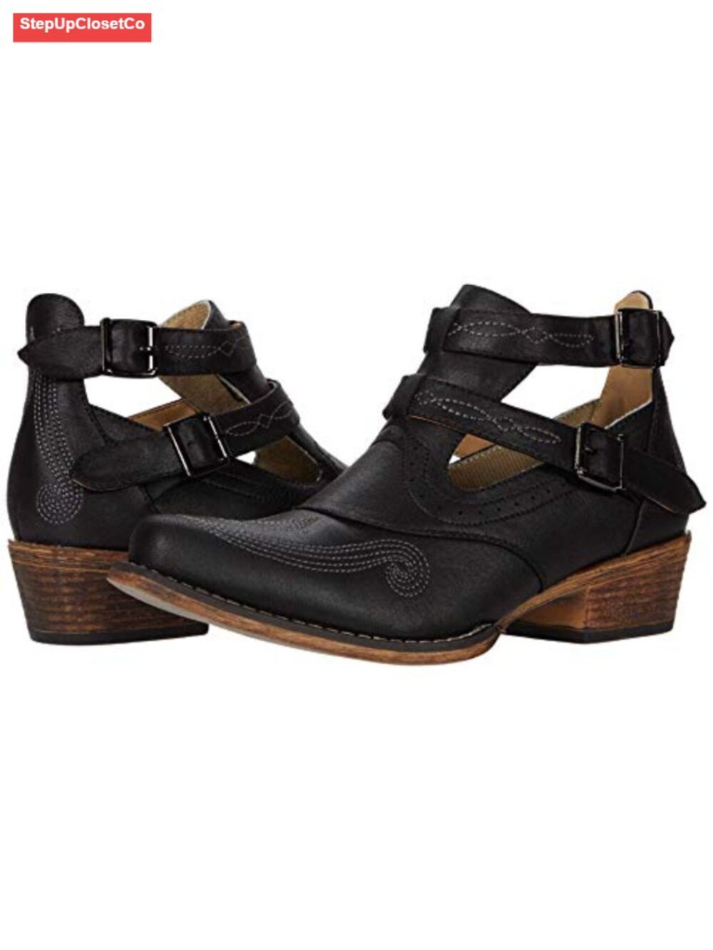 Women's Snip Toe Western Ankle Booties Faux Leather Buckle Low Heel